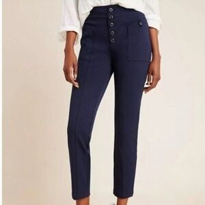 Anthropologie Bryson Button Fly Tapered Trousers Navy Blue Size 12